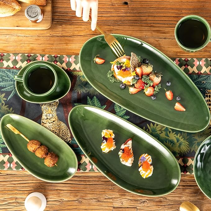 vicrays Large Oval Serving Platters, 16"/14"/10" Porcelain Serving Platters for Party, BBQ,Stackable Serving Trays Serving Plates for Appetizers, Sushi, Restaurant, Set of 3 (Green)