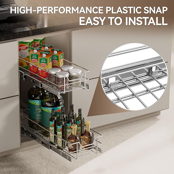 2 Tier Pull Out Cabinet Organizer 24" W X 22" D, Slide Out Drawers For Kitchen Cabinets, Pull Out Drawers For Cabinets Capacity Heavy Duty Caddy, Cabinet Pullout Shelves Chrome-Plated, Bathroom Pantry
