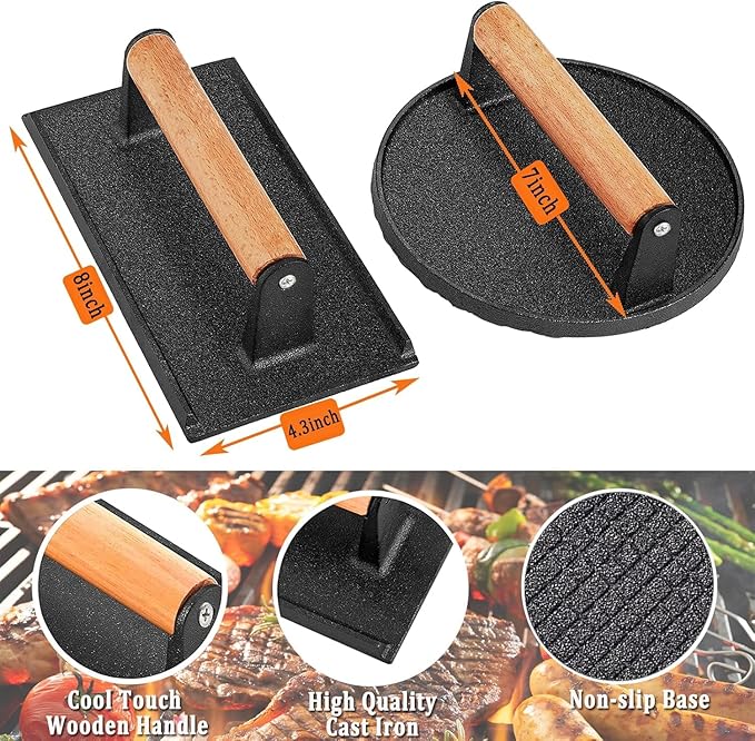 4PCS Griddle Accessories Set, Round & Rectangle Heavy Duty Grill Press, Cast Iron Press Griddle with Wooden Handle for Blackstone, Griddle Spatula, Spice Dredge Shaker