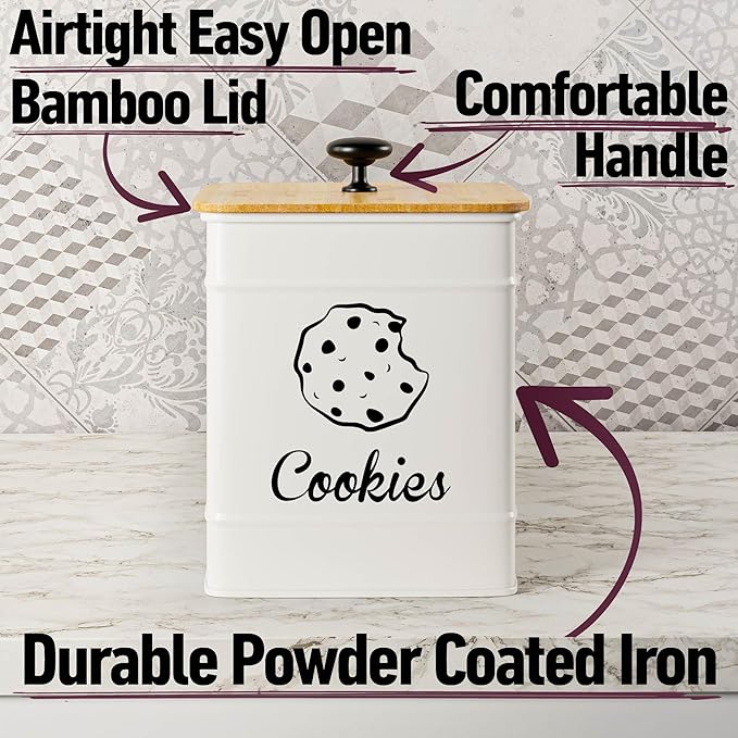 Cookie Jar with Airtight Lid - 1 Gallon - 6"D x 8"H White Iron Cookie Tin with Bamboo Lid - Large Cookie Jars with Lids Airtight - Farmhouse Cookie Jars for Kitchen Counter Decorative - Cookies Jar