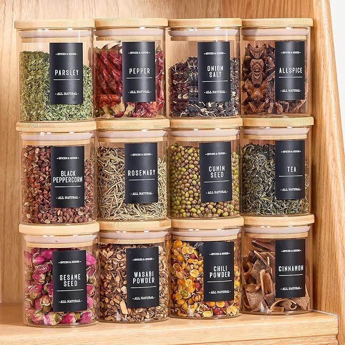 8oz Spice Jars with Bamboo Airtight Lids and Labels, 12 pcs Small Glass Containers with Bamboo Lids, Kitchen Organizer for Seasoning, Spice Containers for Spices, Tea, Salt, and Candy