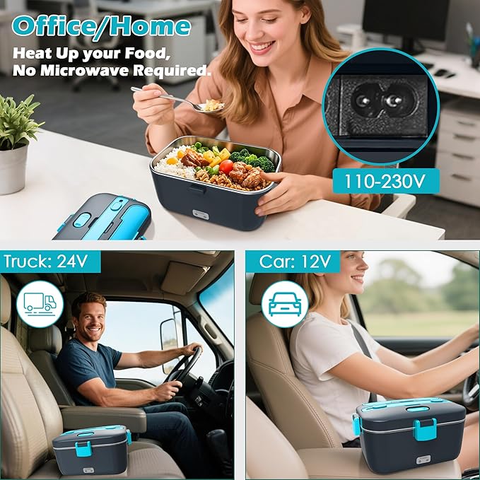 COZYEXPERT Electric-Lunch-Box-Heated-Food-Warmer 100W Heating Lunchbox for Adults 1.8L Portable Food Heater for Work/Car, 12V/24V/110-230V Lonchera Eléctrica Portátil with Fork Spoon (Gray+Blue)