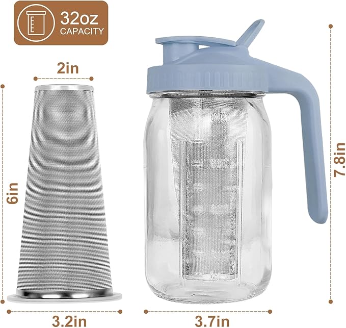 Cold Brew Coffee Maker,32 oz Mason Jar Pitcher with Stainless Steel Filter, Pour Spout Handle Lid, Heavy Duty Glass Airtight & Leak-Proof Pitcher for iced coffee Tea Lemonade-Gray
