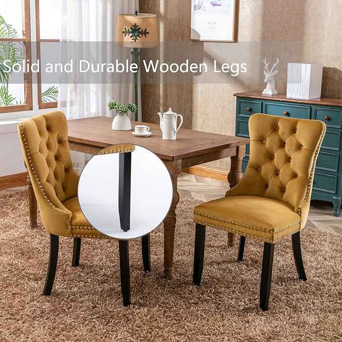 Velvet Dining Chairs Set of 2, Upholstered Dining Room Chairs with Back Ring Pull Trim and Solid Wood Legs,Tufted Wingback Kitchen Chair Perfect for Dining Room,Living Room,Kitchen(Gold)