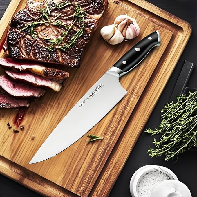 WICKWILLOW 8" Chef Knife – Razor Sharp German Steel – All-Purpose Kitchen Knife for Slicing, Dicing & Chopping – Full Tang & Ergonomic Handle – Gift Box – Velina Series
