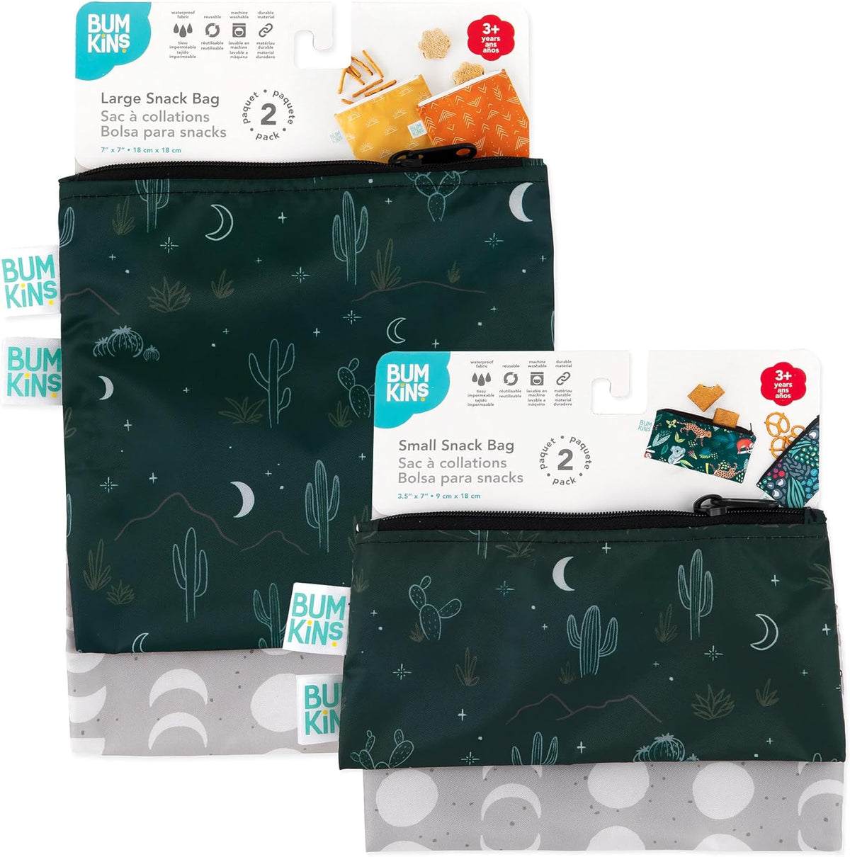 Bumkins - Cloth Snack & Sandwich Bags -For Storage, Travel, Food Prep, Lunch -Reusable, Water Resistant, Washable, Dishwasher Safe -Snack Bags for Kids -Zipper Closure -Desert Dk. Green & Gray -4 Pack