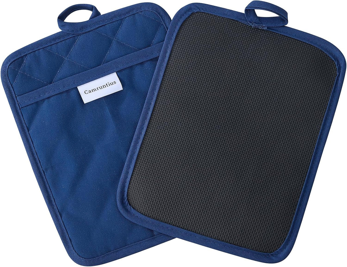 Kitchen Pot Holders, 7"x9", Rectangular with Pocket, Cotton and Neoprene Heat-Resistant Potholders for Cooking and Baking, Machine Washable, 3-Piece Set (Navy Blue)