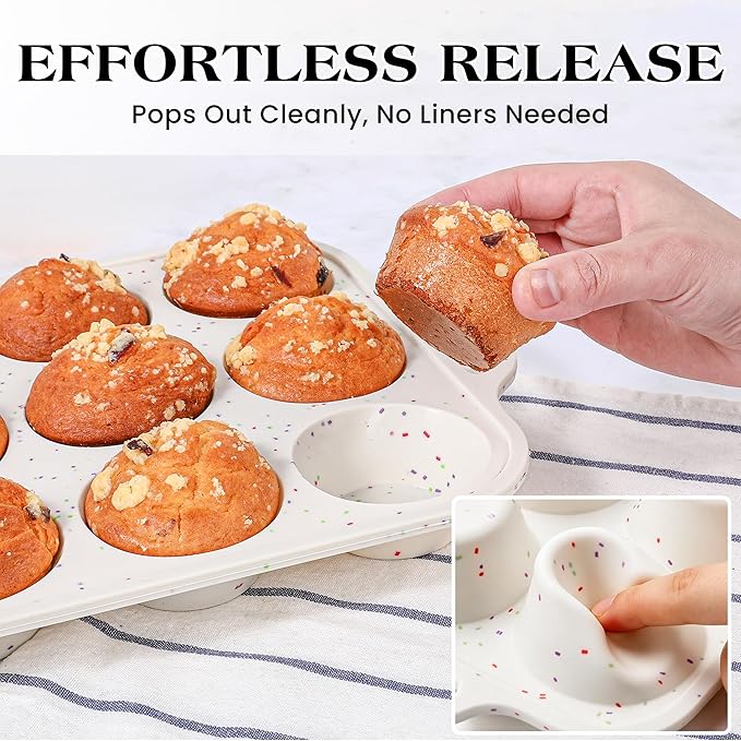 Regular 12 Cup and Mini 24 Cup Nonstick Cupcake Pan Set Silicone Muffin Pan for Baking Silicone Cupcake Mold with Metal Reinforced Frame BPA Free (2 Pcs, Cream)