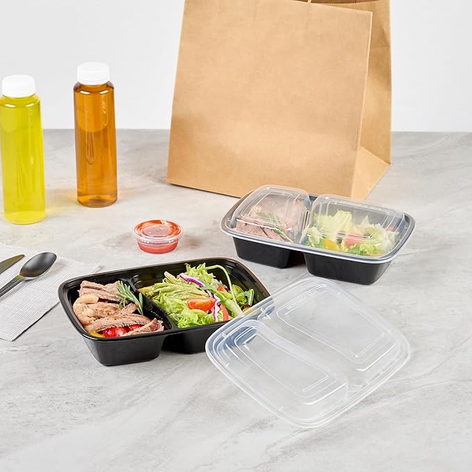 Restaurantware Asporto 32 Ounce Compartment Take Out Boxes 100 Microwavable Meal Prep Containers - 2 Compartments With Clear Plastic Lids Black Plastic Food Containers Do Not Contain BPA