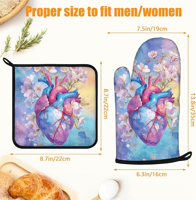 Valentine's Day Oven Mitts and Pot Holders Sets 4Pcs Silicone Non-Slip Mitts Heat Resistant Gloves Hot Pads for Kitchen Cooking Baking Grilling BBQ Heart Flowers