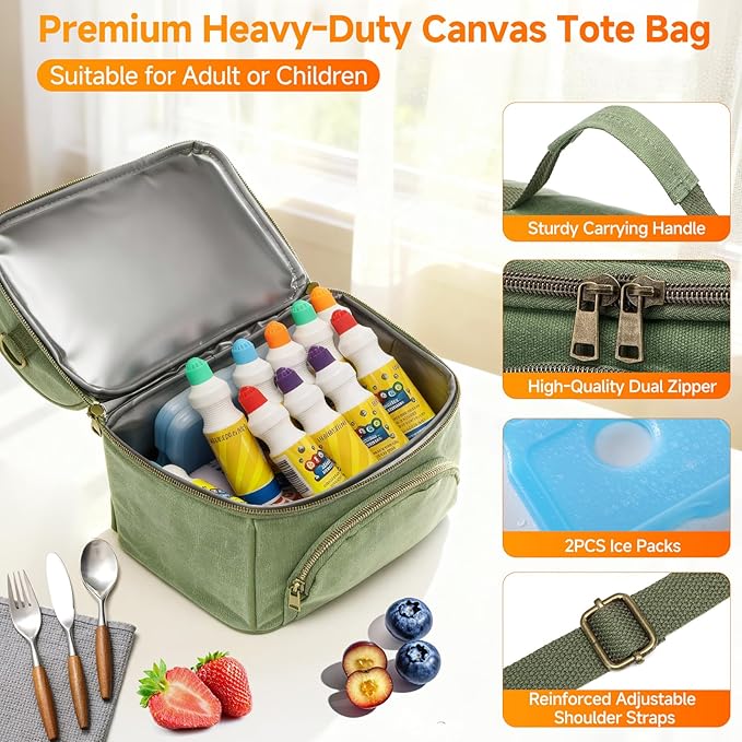 Lunch Box with Ice Packs, Waxed Canvas Lunch Bag for Men, 10.5L Leakproof Insulated Lunch Cooler for Men Work, Dual Compartment Soft Cooler for Work, Camping, Beach & Road Trips