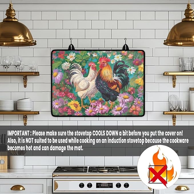 Rooster Print Induction Cooktop Mat Heat Resistant Glass Top Stove Cover Protector Glass Cooktop Covers Kitchen Flat Electric Stove Top Covers
