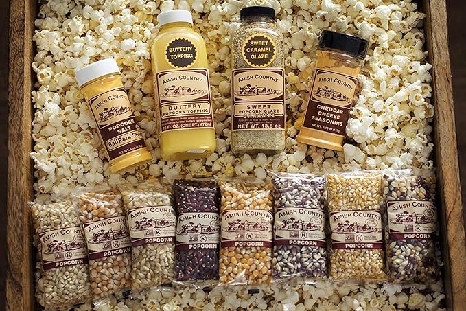 Amish Country Popcorn | 8-4 Ounce Variety Gift Set with Buttery Topping, Sweet Caramel Glaze, Ballpark Salt & Cheddar Cheese Seasoning | Old Fashioned, GMO Free and Gluten Free