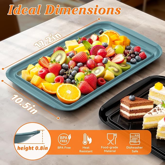 Serving Trays for Party - Set of 6, Large Serving Platters for Raw and Cooked Food, Dishwasher Safe, 17×10.5-inch Stackable Plastic Party Supplies for Grilling, BBQ, Meal Prep (Green, Black)