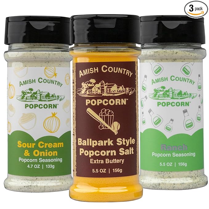 Amish Country Popcorn | Seasoning Variety Pack | Ballpark Style ButterSalt - 5.5 oz, Ranch - 5.5 oz & Sour Cream and Onion - 4.7 oz Popcorn Seasoning | Old Fashioned, Non-GMO