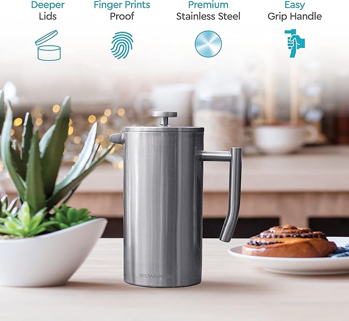 Belwares French Press Coffee Maker - 50oz 6-Cup Capacity, 304 Stainless Steel Coffee Press, Double Wall Insulation Heat Retention, 4-Level Filtration Smooth Ground-Free Coffee, 2 Extra Filters, Silver