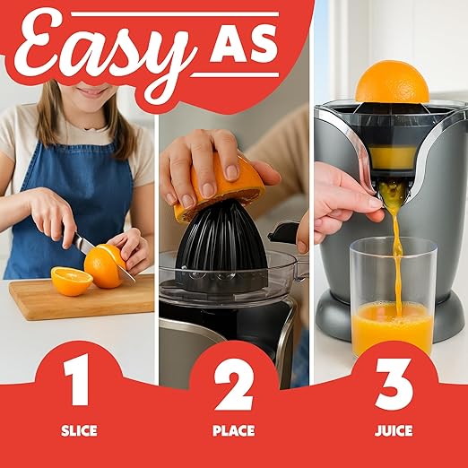 Gourmia Automatic Citrus Juicer - 17 oz Capacity, One-Touch Operation, Universal Cone, Anti-Drip Spout, Dishwasher-Safe Accessories, Compact Quiet 60W Motor