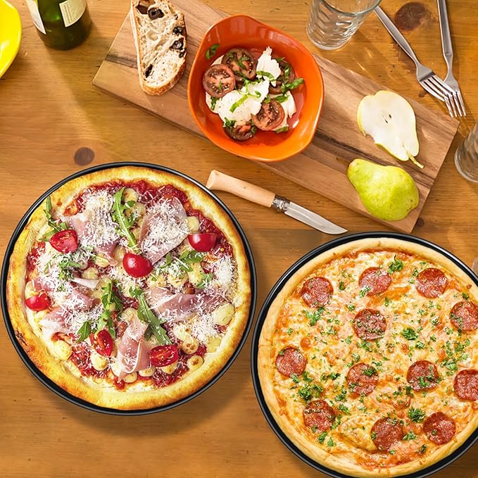 P&P CHEF Pizza Pan Set of 2, Stainless Steel Pizza Tray, Round Pizza Plate For Pie Cookie Pizza Cake, Non Toxic & Heavy Duty, Dishwasher Safe & Easy Clean, 12 Inch & Black