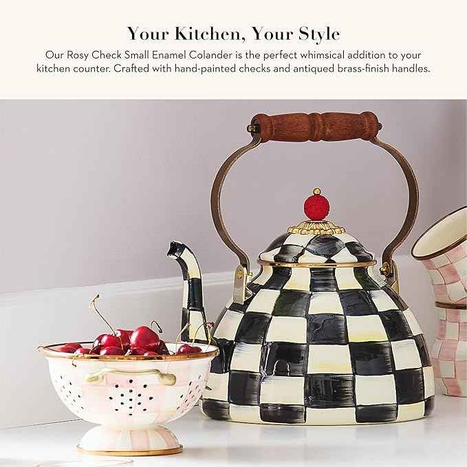 MACKENZIE-CHILDS Enamel Colander, Decorative Kitchen Strainer, Small, Pink-and-White Rosy Check