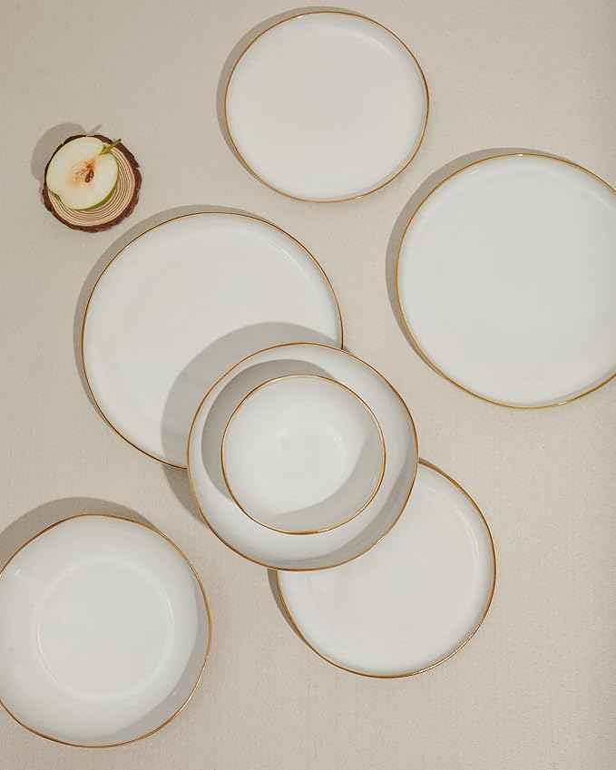 18 Piece White Reactive Glaze Dinnerware Set for 6, Irregular Coastal Shape Stoneware | Elegant & Minimal Design for Daily Family Dinners or Weekend Guests