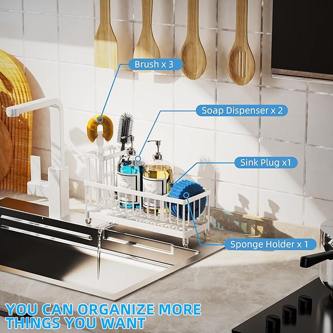 Moforoco Extra Large Kitchen Sink Caddy, Rustproof Sponge Holder with High Brush Holder, Stainless Steel White Kitchen Caddy Sink Countertop Organizer, Sponge Caddy for Kitchen Sink