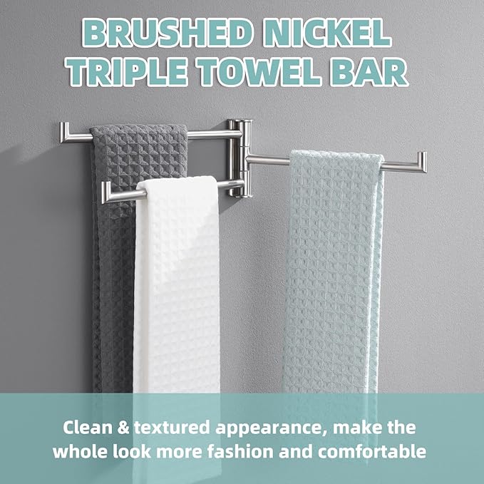 APLusee Brushed Nickel Swivel Towel Rack, 304 Stainless Steel Foldable Towel Bar with Three Swing Arm, Wall Mounted