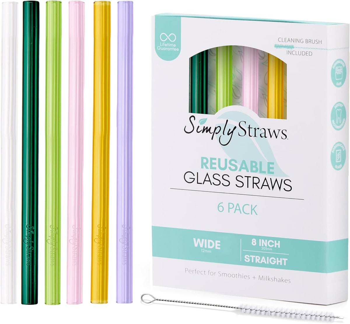 Simply Straws 8 Inch Wide Glass Straws (6-Pack) - 12mm Reusable Boba Straws for Milkshakes & Smoothies, with Cleaning Brush - Dishwasher Safe, Hot & Cold Use, BPA-Free (Meadow)