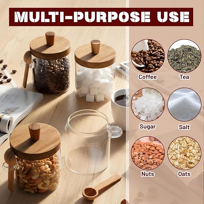 Remerry Set of 4 Glass Jar with Wooden Lid and Spoon, Clear Airtight Spice Canisters Glass Food Storage Kitchen Containers Set for Coffee Bean Tea Sugar (13.5 oz)
