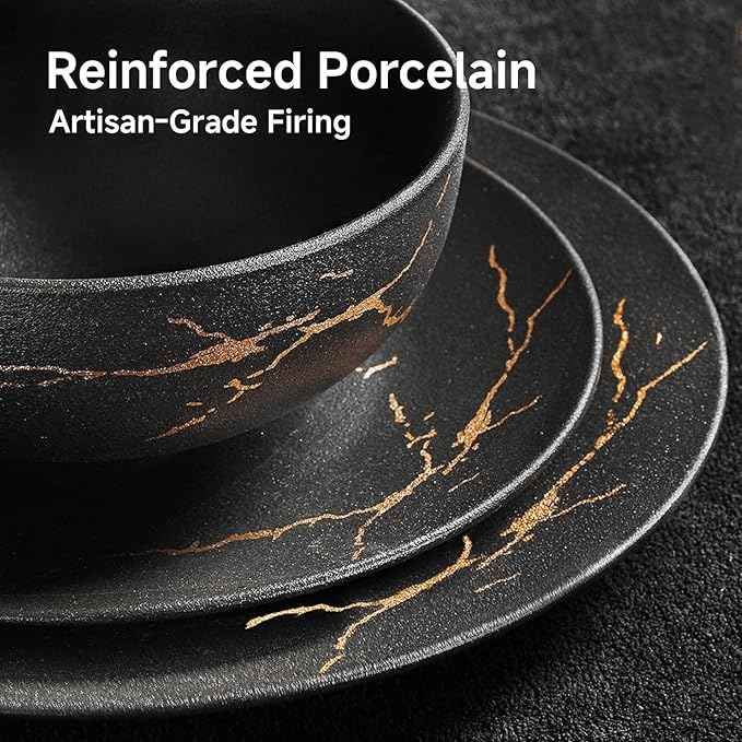 KINGSTONE Porcelain Dinnerware Sets for 4 Plates and Bowls Sets 12 Piece Matte Black Gold Vein Dish Set Scratch Resistant Dinner Salad Plate Dishware for Family Wedding Party Daily