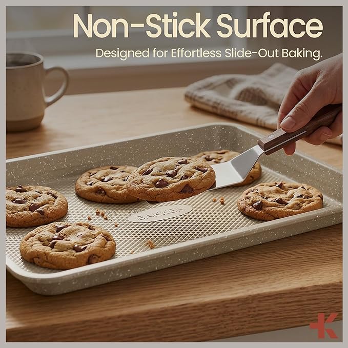 Diamond Bottom Cookie Sheet Set of 2, Nonstick White Marble Carbon Steel Baking Pans for Crisp Baking, Space-Saving Stackable Trays, PFOA, PFOS, PTFE Free, Oven Safe Up to 450°F, Small & Medium Pans