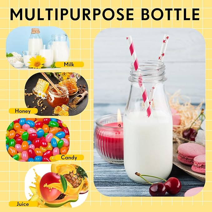 Yinkin 60 Sets Plastic Milk Bottles with Straws Lids Clear Plastic Containers for Dairy Milk Party Bottle for Juices Shakes Smoothies (8 oz,Red,White)