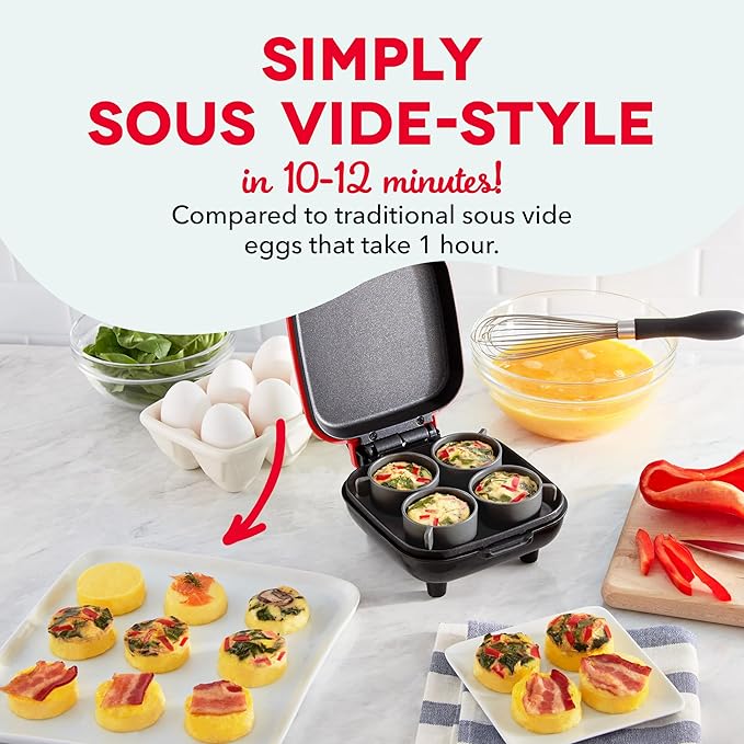 Dash Deluxe Egg Bite Maker - Electric Egg Bite Maker for Healthy Protein Snacks - Quick Cleanup, Space-Saving Design & Non-Slip Feet - 4 Servings, Red