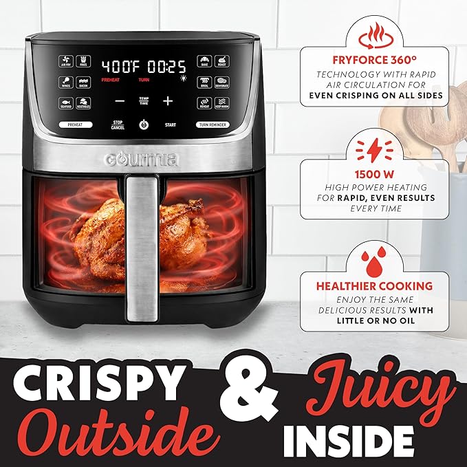 Gourmia Air Fryer - 7 Qt Large Capacity with LED Display, 12 One-Touch Presets, FryForce 360° Technology, Nonstick Dishwasher-Safe Basket & Crisper Tray, Stainless Steel