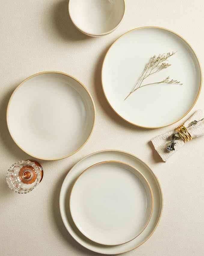 Stoneware Dinnerware Sets for 6, 18 Piece Microwave Safe Plate and Bowl Set, Easy to Clean & Durable Dishes Sets for Small to Medium Families, Yellow White