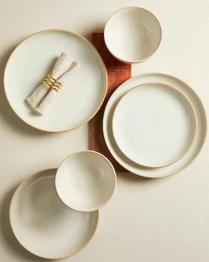 Stoneware Dinnerware Sets for 6, 18 Piece Microwave Safe Plate and Bowl Set, Easy to Clean & Durable Dishes Sets for Small to Medium Families, Yellow White