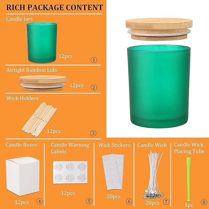 MILIVIXAY 12 Pack 7 OZ Matt Green Glass Candle Jars with Lids and Candle Making Kits - Bulk Empty Candle Jars for Making Candles - Spice, Powder Containers.