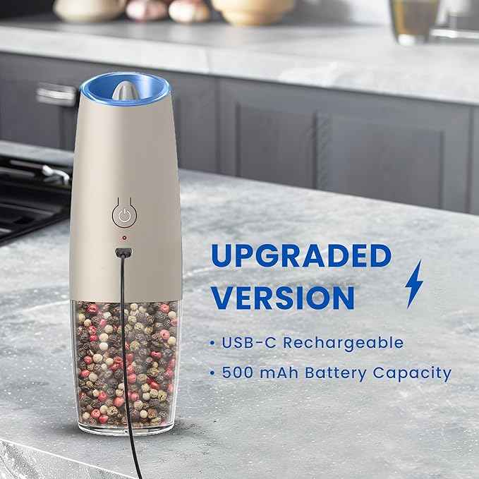 Rechargeable Electric Salt and Pepper Grinder set of 2, gravity electric salt and pepper grinder set, Adjustable Roughness, LED Light, 2 Pack, (Khaki)