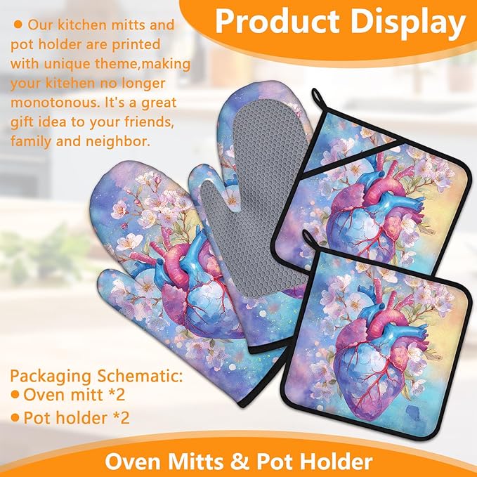 Valentine's Day Oven Mitts and Pot Holders Sets 4Pcs Silicone Non-Slip Mitts Heat Resistant Gloves Hot Pads for Kitchen Cooking Baking Grilling BBQ Heart Flowers