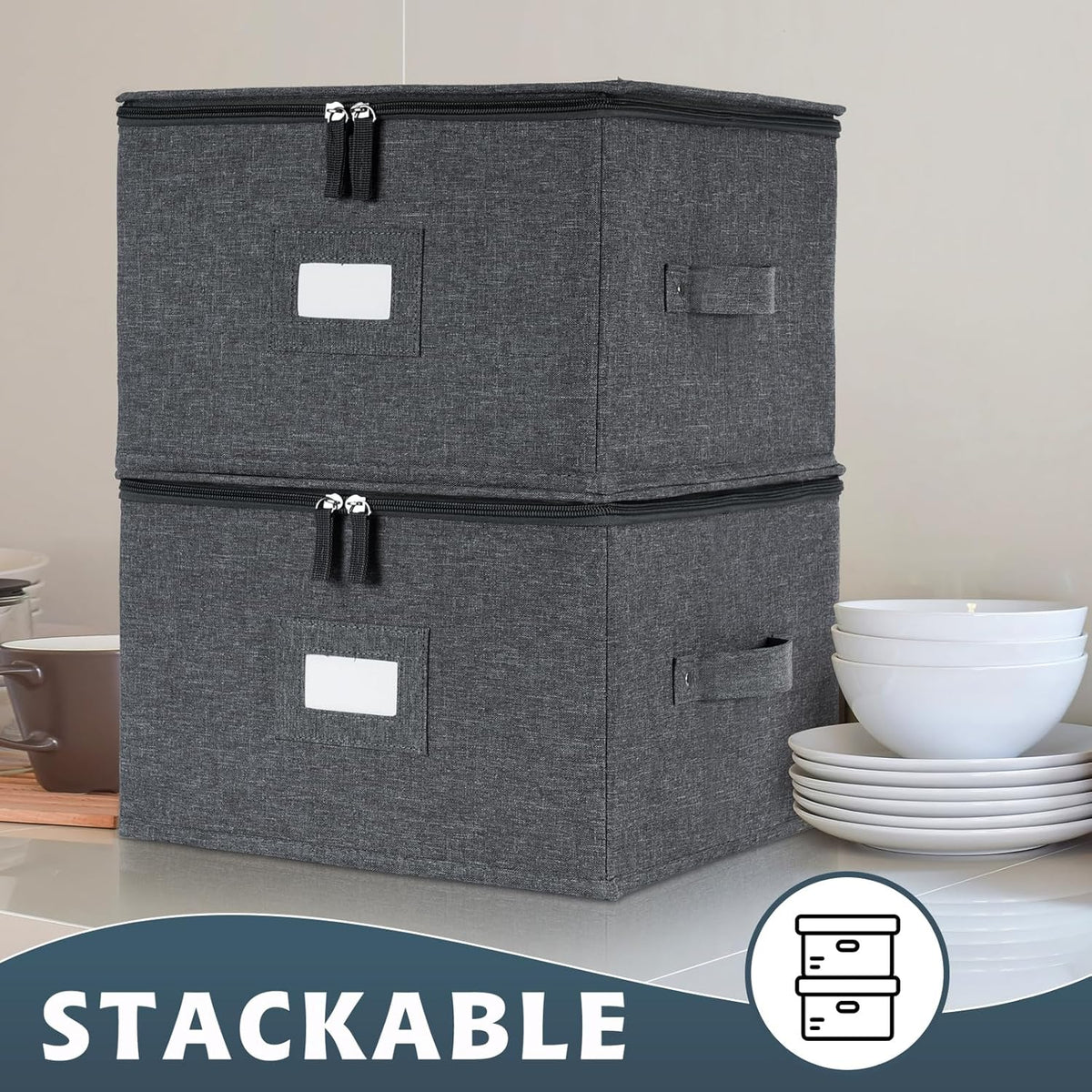 popoly China Storage Containers Hard Shell Inside 12" W x 8" H, Dinner Plate Storage Containers for Dishes, Dinnerware with 24 Felt Dividers, Hold 24 Plates, Stackable (2 Pack Grey)