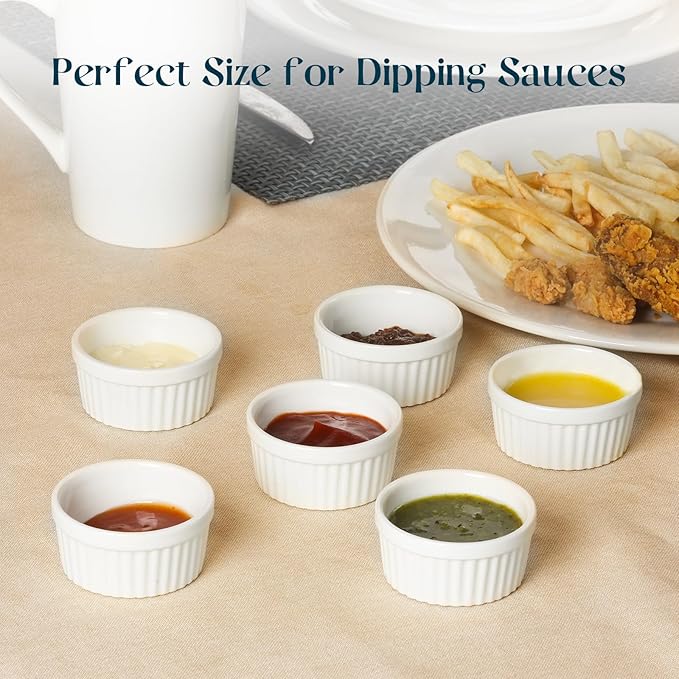 DOWAN Dipping Bowls 1.5 oz, Sauce Cups Mini Ramekins, Tiny Ramekin Porcelain Souffle Dish, Dessert Cups Small Bowls Condiment Cups for Charcuterie Board, Microwave & Oven Safe, Set of 6, Soft White