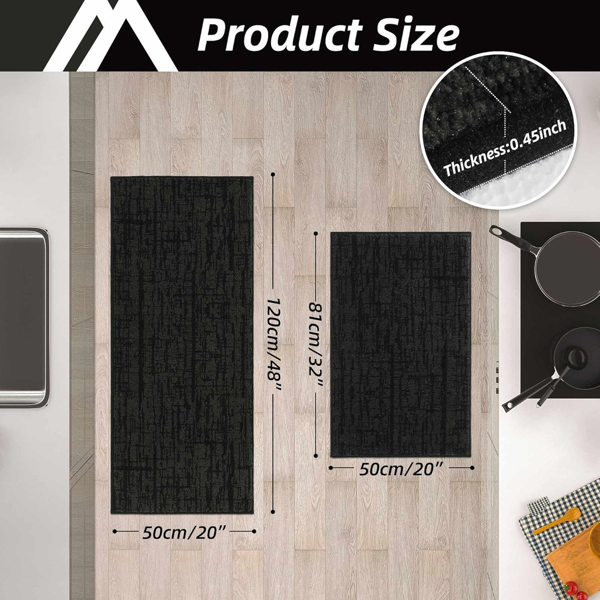 COSY HOMEER Kitchen Rugs 20"x32"+20"x48" Absorbent Soft Kitchen Mats for Floor Non Slip Kitchen Runner Rug Polyester Washable Kitchen Floor Mats for Sink Mat,Hallway,Laundry,Black