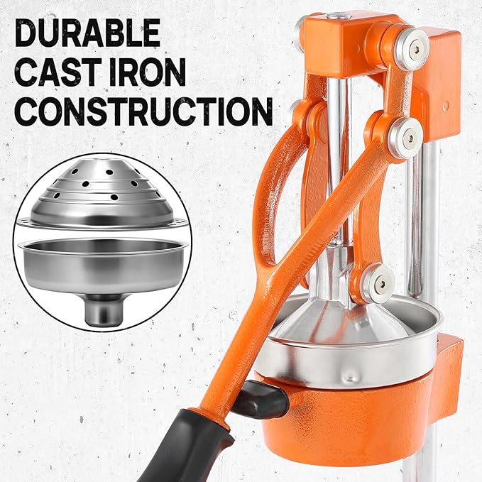 Kitchen Cast Iron Citrus Juicer,Manual Hand Press Orange Juicer,Heavy Duty Countertop Squeezer for Lemon,Orange, Easy to Use & Clean（Orange)