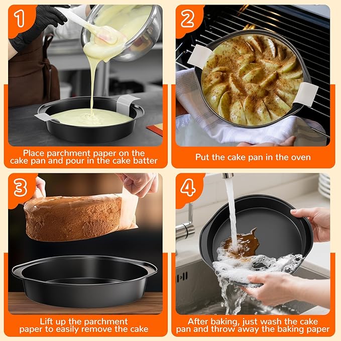 6 Inch Round Cake Pan with Handle, 3PCS Nonstick Cake Pans with 100 PCS Parchment Paper