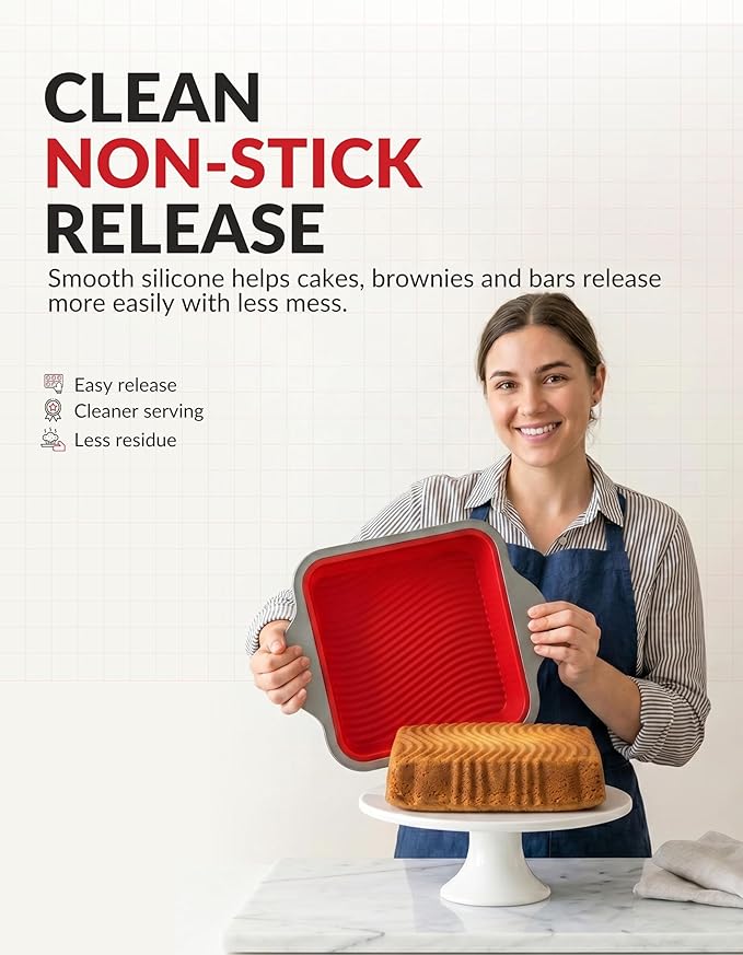 Boxiki Kitchen Non-Stick Silicone 8x8 Square Cake and Brownie Pan with Easy Grip Steel Frame Handles - Easy to Release, Oven & Dishwasher Safe