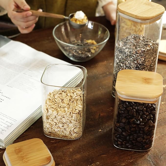LIBWYS 8-Pack Square Glass Storage Jars with Bamboo Lids (0.6Qt/1.06Qt) - Stackable Food Containers for Pantry Organization, Coffee, Flour, Snacks, Tea | Kitchen Canisters Set