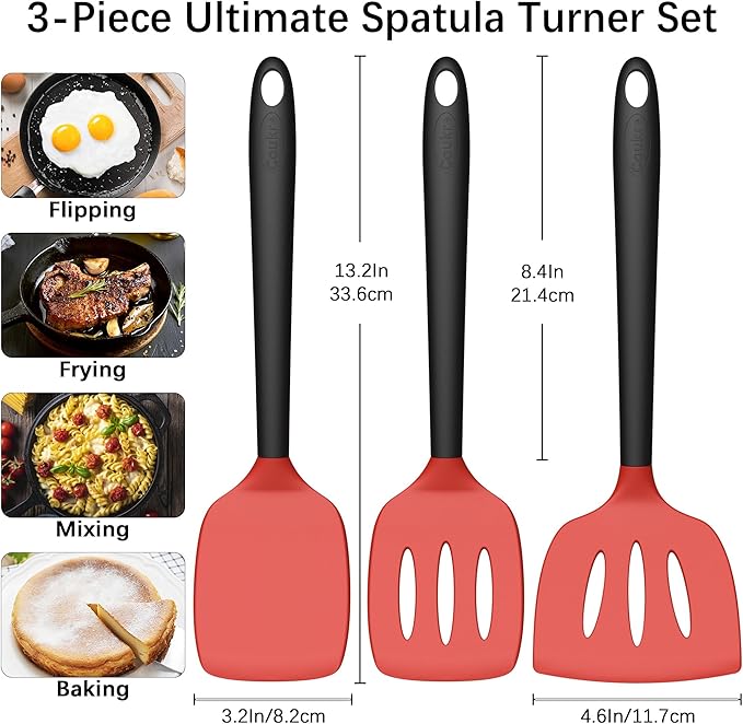 Coukre 3 Pack Silicone Spatula Set, High Heat Resistant, BPA-Free, Fish Spatula, Solid & Slotted Turner for Non-Stick Pans, Flipping Eggs, Pancakes, Fish, Burgers (3, RedBlack)