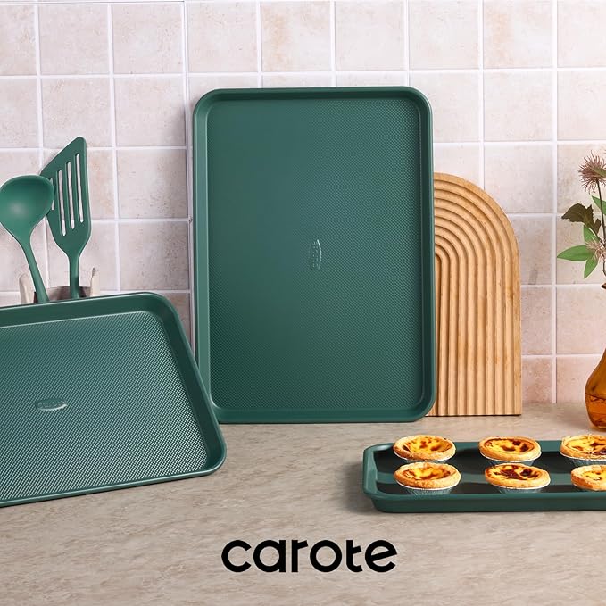 CAROTE 3-Piece Baking Pan Set - Bakeware Set, Baking Sheet Set Including 13 Inch 15 Inch 17 Inch Sheet Pan, Cookie Sheet for Baking, Deep Olive Green