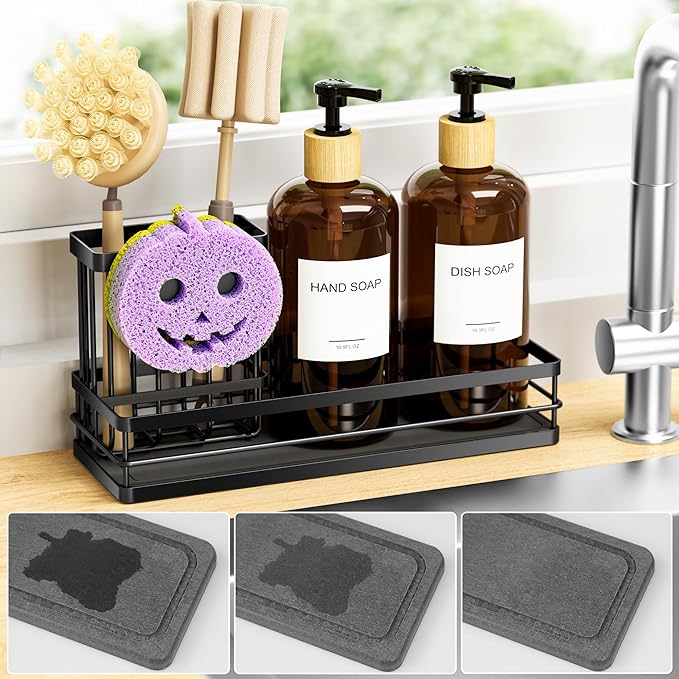 Moforoco Kitchen Dish Soap Dispenser Set, 16OZ Glass Bottle, Hand and Dish Soap Dispenser Set, Instant Dry Tray, Brush Holder with Smiley Face Sponge Holder (Black Tray+Amber Bottle+Labels)