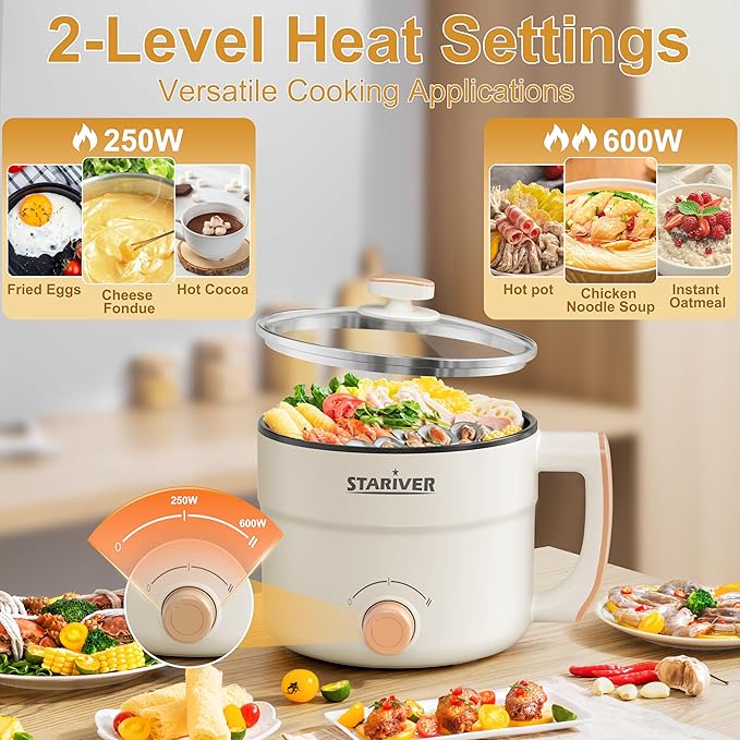 Stariver 1.5L Electric Hot Pot - Mini Portable Electric Pot, Non-Stick Noodle Cooker for Ramen, Soup, Pasta, Egg, Oatmeal - Overheat & Boil-Dry Protection - Ideal for Dorm, Office, Travel Gift
