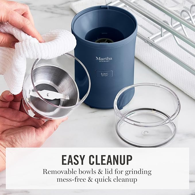 Martha Stewart Electric Coffee & Spice Grinder, Dual 2.5oz Removable Bowls, Storage Lids, Stainless Steel Blades, One Touch Pulse Control, 2-in-1 Compact, Beans & Spices, Herbs & Nuts, Indigo Blue